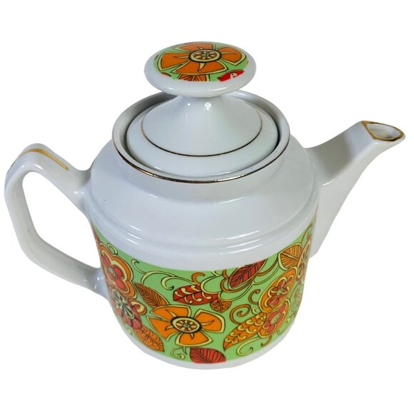 Retro 70s MCM Tea Pot Orange Flower Child Mod Groovy Motif Daisy Kitchen Decor - Picture 3 of 13